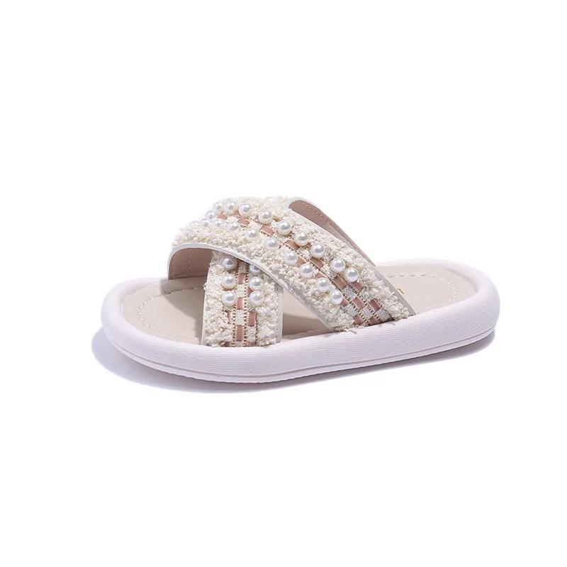 

Сандалии для девочек на открытом воздухе 2024 года, новые детские повседневные тапочки в стиле принцессы для летних каникул, детская милая домашняя обувь с бисером для дома 21 розовый