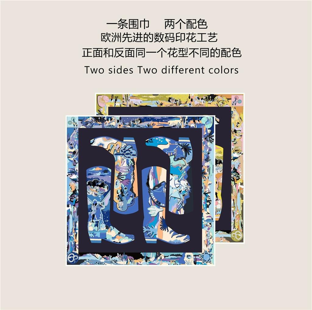90cm Fashionable Women Versatile Decorative Rolled Edge Double-Sided Color Scarf  Boots Printed Square Handkerchief Neck Scarf