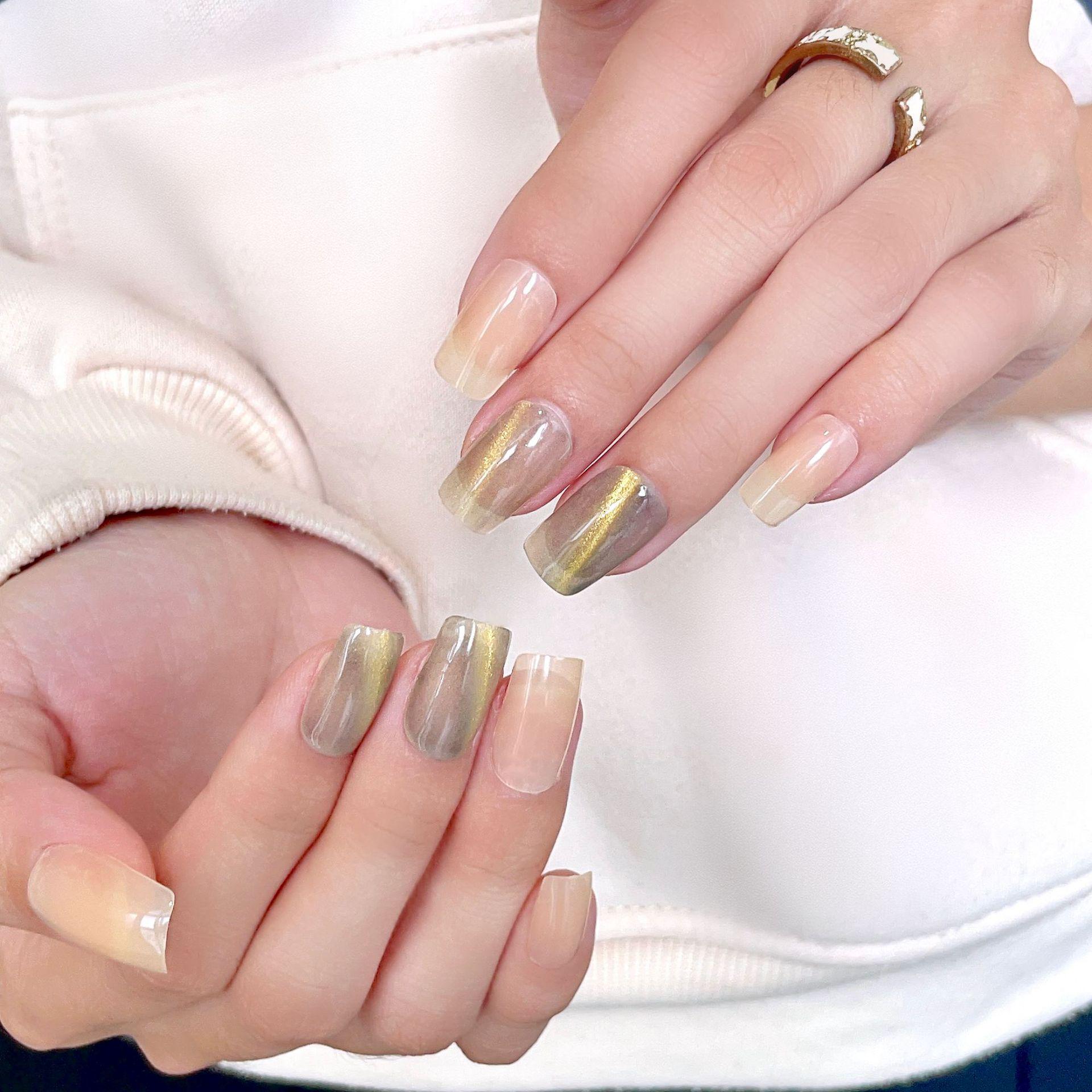 

Medium-Length Transparent Golden Crystal Cat Eye Press-On Nails