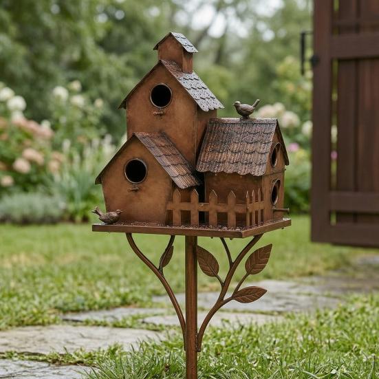 Outdoor Bird Feeder Metal House Garden Stakes, Decor, Weatherproof Iron Perch Art Decor for Lawn Yard Flower Bed