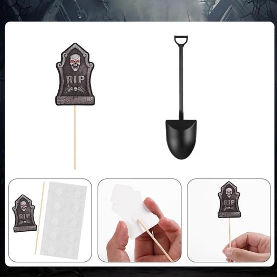 48 Pcs Halloween Cupcake Toppers Tombstones Graveyard Cake Decorations with Mini Shovel Spoons for Halloween Birthday Party Supplies