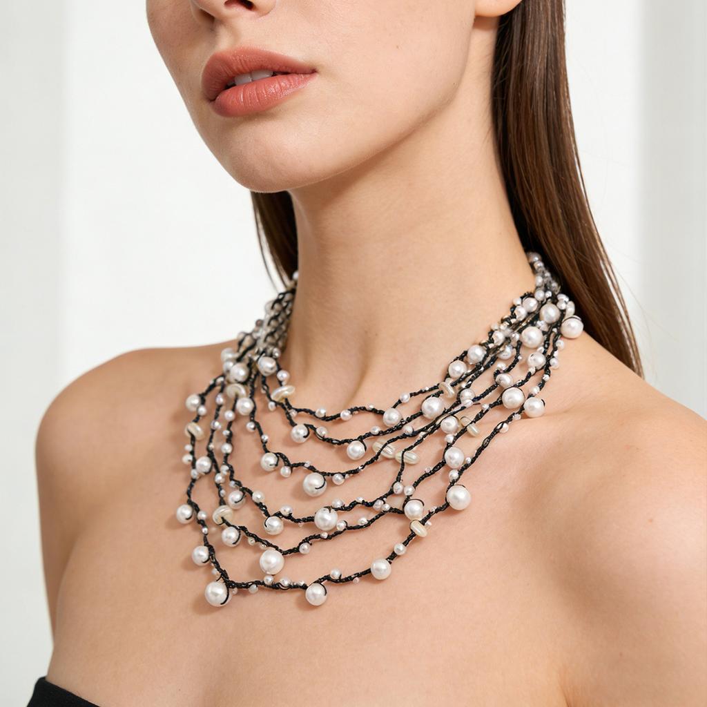 Design sense, hand-woven imitation pearl necklace, retro stacking, high-end sense, multi-layer stacking, collarbone chain