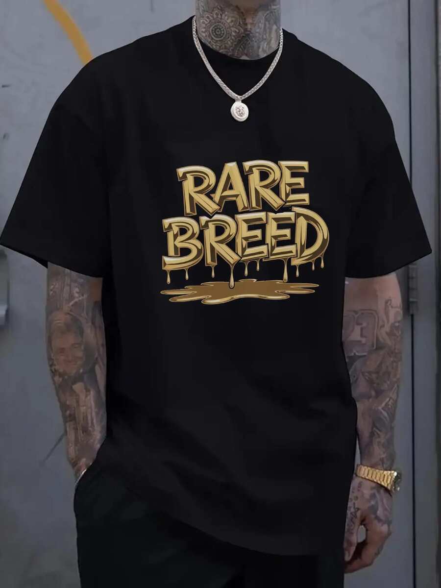 [Loose Fit Shirt] Men s Black Rare Breed Print T-Shirt - Golden Graphic Loose Fit Short Sleeve Shirt S разноцветный