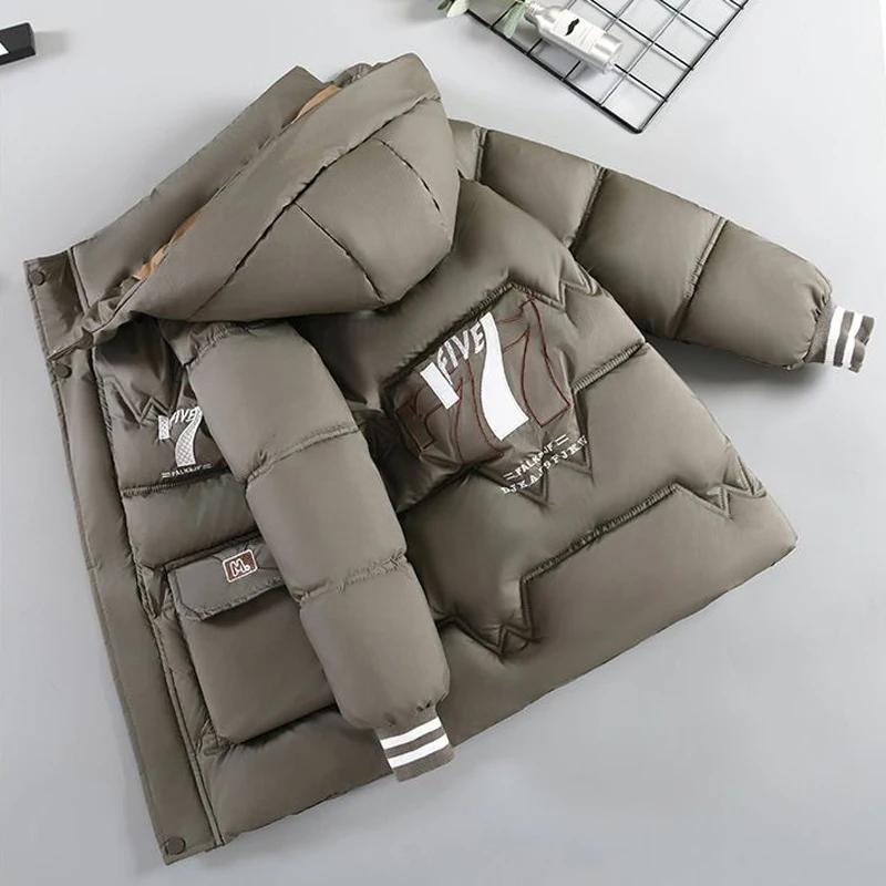 

Зимняя подростковая куртка для мальчиков с принтом буквы 7, на подкладке из бархата, толстая, теплая, с капюшоном, на молнии, куртка-парка для детей 6-14 лет, хлопковая верхняя одежда 110 серый