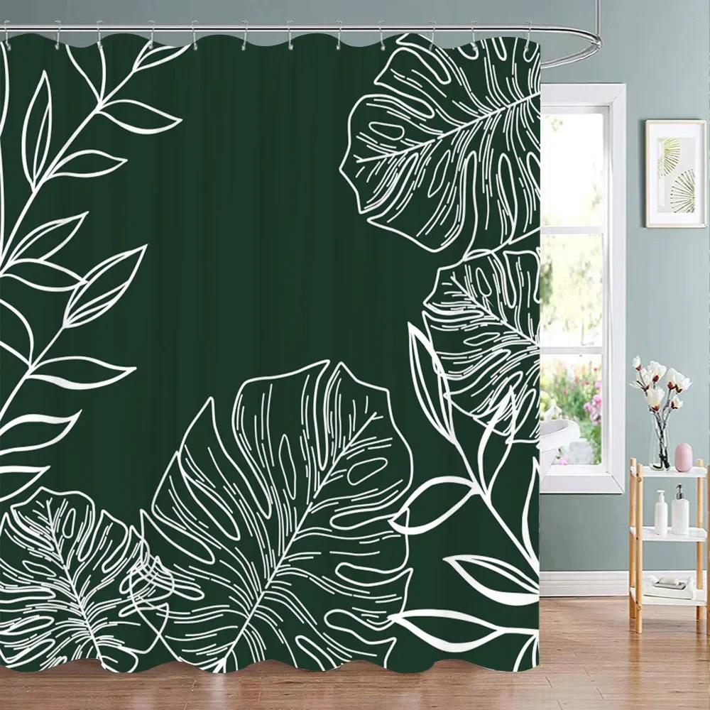 Green Plant Fabric Shower Curtain Tropical Monstera Leaf Shower Curtains For Bathroom Decor Minimalist Botanical Decorative