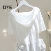 Women Hoodie Short Sleeves Hooded Drawstring Solid Color Loose Soft Casual Pullover Breathable Ladt Summer Top