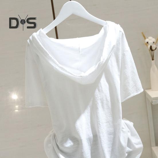 Women Hoodie Short Sleeves Hooded Drawstring Solid Color Loose Soft Casual Pullover Breathable Ladt Summer Top