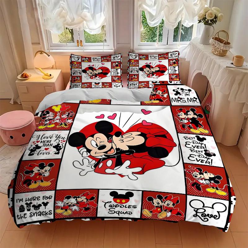 3pcs Love Mickey and Minnie Printed Quilt Set, Includes 1 Quilt Cover and 2 Pillowcases, Machine Washable, Suitable for All Seasons.F057