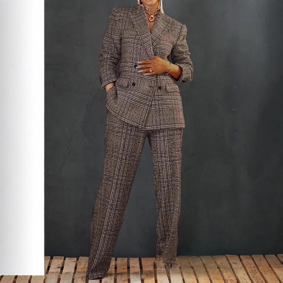 Women's Grid Coat Suit New Style Loose Fit Long Pants Set Outfit
