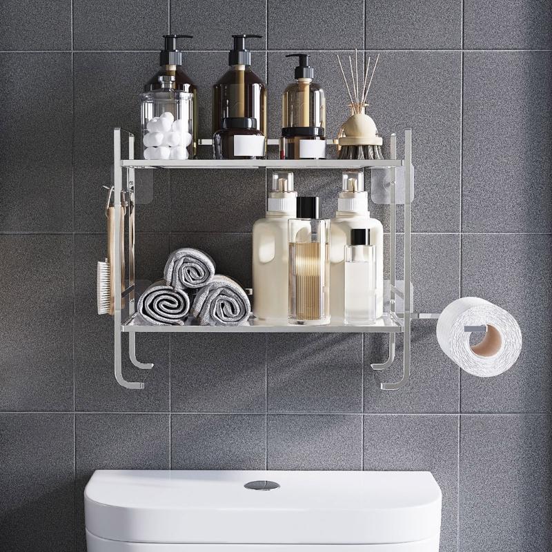 Wall Mounted Bathroom Organizes 2 Shelves easy installs Not Drill Designs Bathroom Shelf Over Toilet Storage Solution