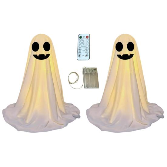 LED svítící figurka ducha Halloween Vnitřní dekorace ducha z bílé látky s dálkovým ovládáním pro domov, kuchyň, krbovou římsu, stůl, stolní desku, party dekorace
