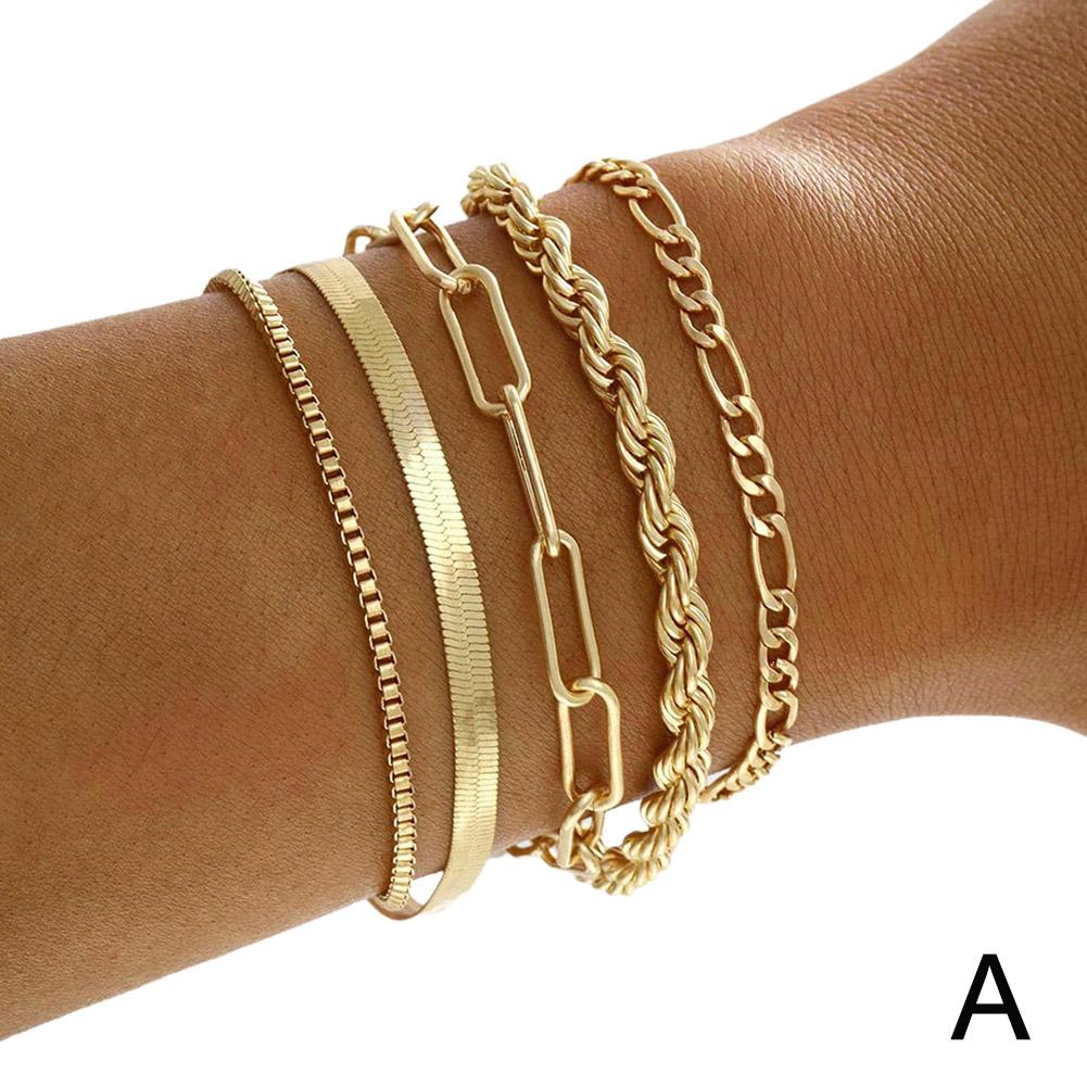 5PCS/Set Bohe Gold Color Heart Bracelet Boho Retro Thick Twist Cuban Chain Bracelet For Women Fashion Jewelry Christmas Gift