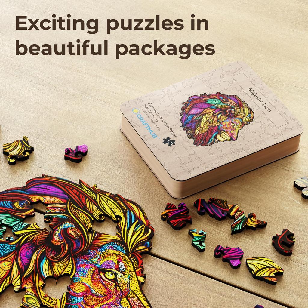 CRAFTHUB Wooden Jigsaw Puzzles – Lion Wooden Puzzles for Adults & Kids – Animal Shaped, Family Games, Gift Ideas for Women and Men, 121 Piece, A3