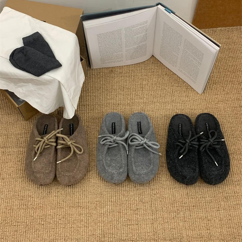 

2025 новые туфли на шнуровке с круглым носком и толстой подошвой, пушистая верхняя одежда, полузакрытые ленивые женские туфли, обувь Boken 40