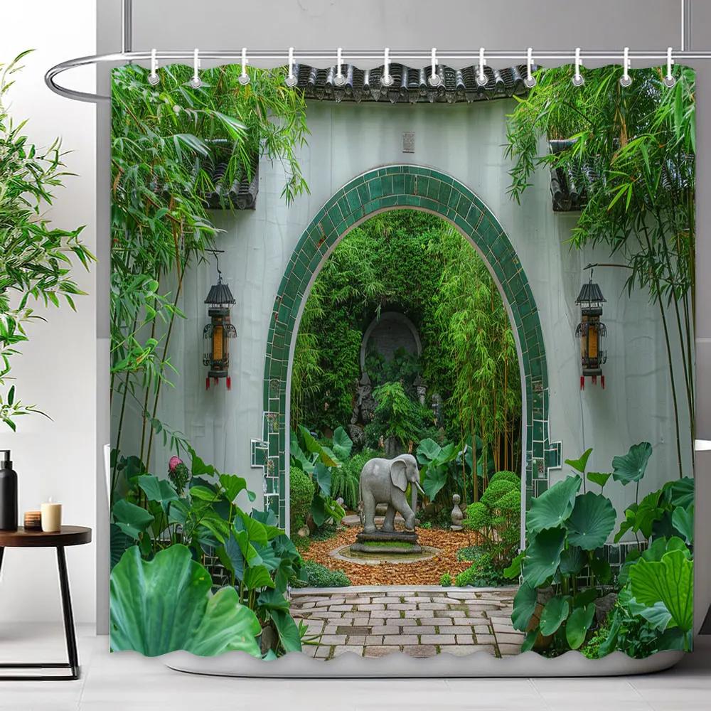 Chinese Archway Scenic Shower Curtain Landscape Waterfall Outdoor Landscape Polyester Fabric Shower Curtains Bathroom Decoration