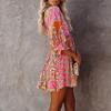 Elegantes A-Linien-Kleid mit Blumenprint und Rüschen für Damen Frühling Sommer Rückenfrei Schnürung Partykleid mit 3/4-Ärmeln Elastische Taille
