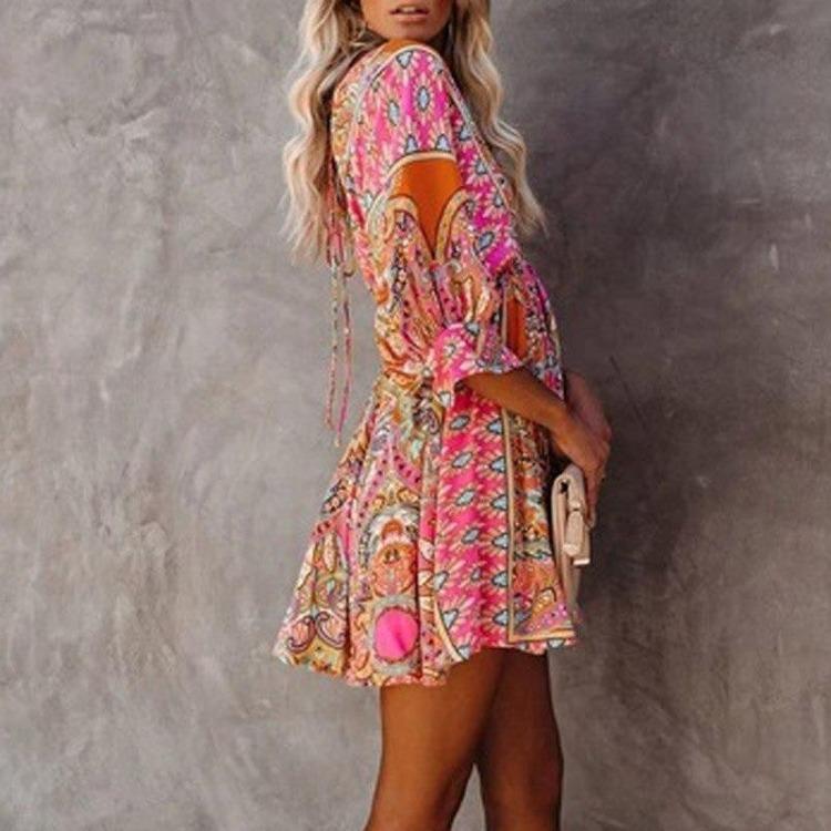 Elegantes A-Linien-Kleid mit Blumenprint und Rüschen für Damen Frühling Sommer Rückenfrei Schnürung Partykleid mit 3/4-Ärmeln Elastische Taille