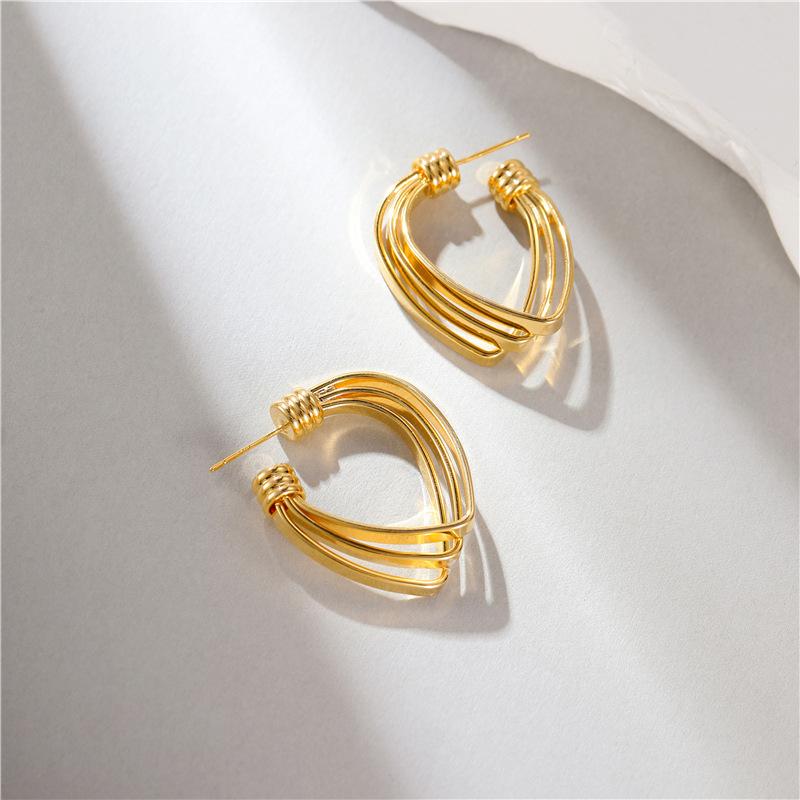 Three-layers Hollow C-shaped Women's Drop Earrings Gold Color Curved Metal Dangle Earrings Silver Color Geometry Ear Jewelry