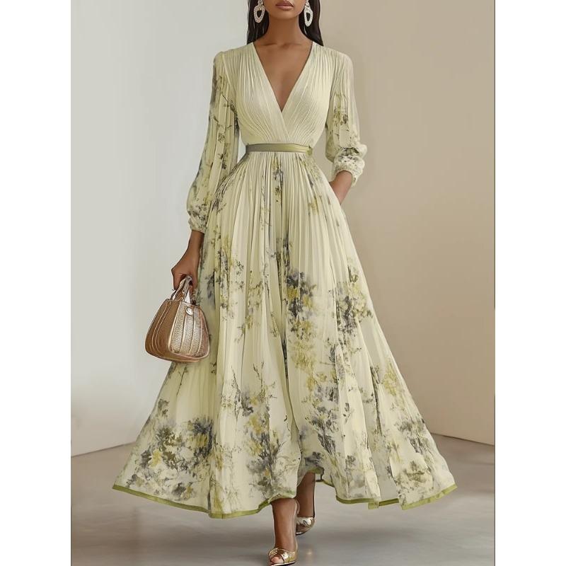 Women Floral Print One Shoulder V Neck Long Sleeve Casual Vacation A Line Long Dress