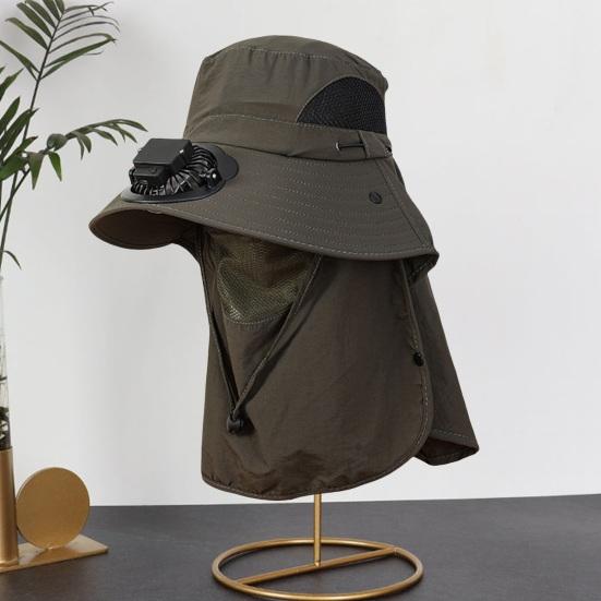 Men Solar Fan Hat with Face And Neck Cover USB Rechargeable Fan Large Brim Hollow Mesh Windproof Strap Anti-UV Sunlight Protection Outdoor Fishing