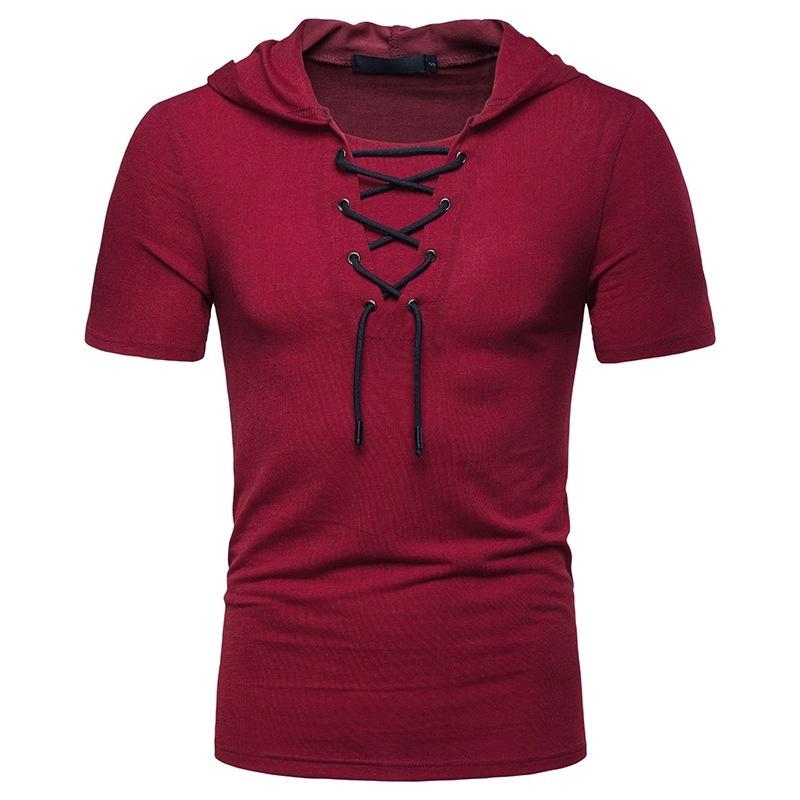 European And American Men's Hooded Loose Tie Up Hip-hop Casual Short Sleeved T-shirt