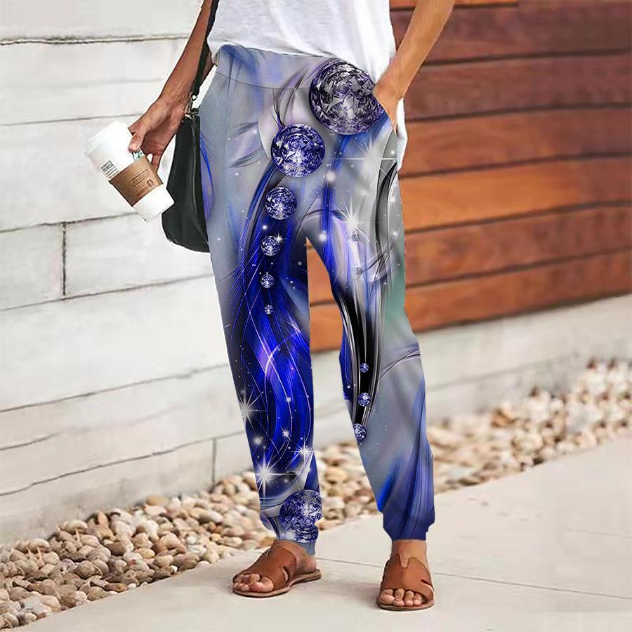 Women Diamond Printing Pants Lace Up Elastic Waist Loose  Trousers Casual Long Pants Trousers with Pockets