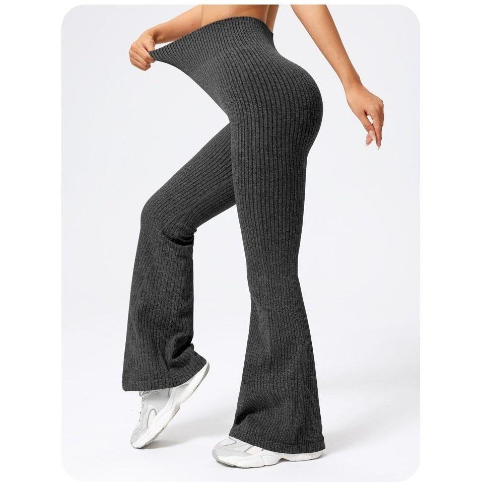 Women's Yoga Pants, High Waist Flared Knit Pants, Black Casual Pants, Comfortable Stretch Fabric