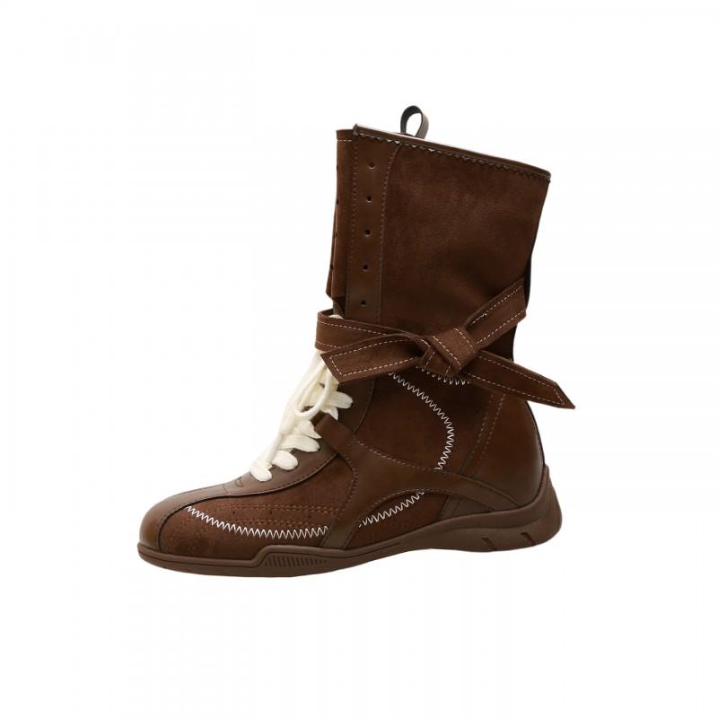 Womens Retro Western Combat Boots With 6cm Hidden Heel Lace-Up Round Toe Leather Ankle In Brown Black