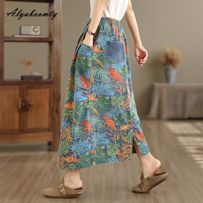 Plus Size Korean Style Spring Summer Women Denim Skirt Elastic Waist Plant Animal Print Skirt Vintage Split Ladies' Skirt