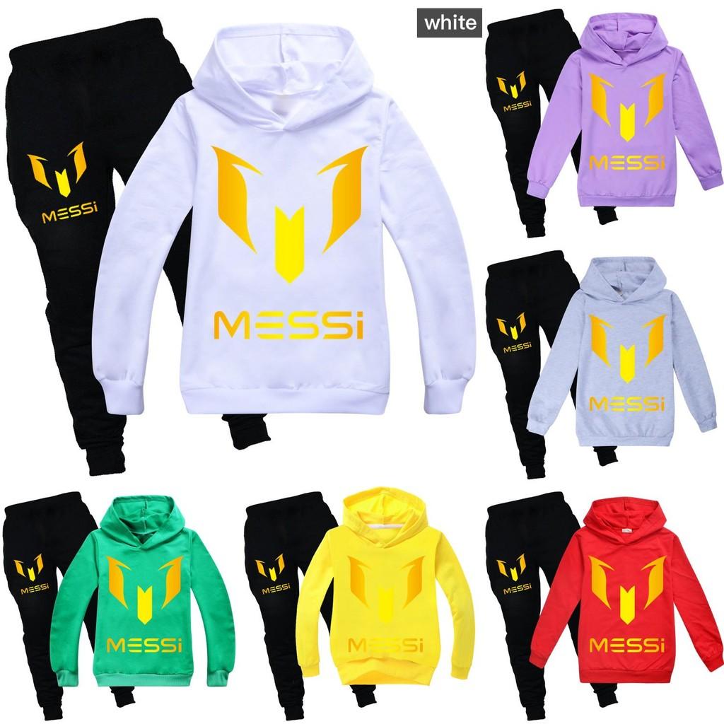 Messi Letter Print Cartoon Kids Hoodie And Pants Set With Cotton Fabric