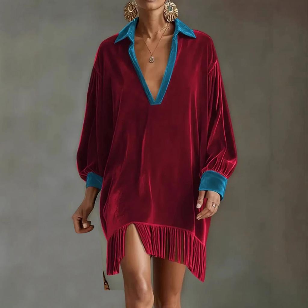 Women's Fashionable Color Blocked V-neck Long Sleeved Retro Loose Pocket Tassel Dress