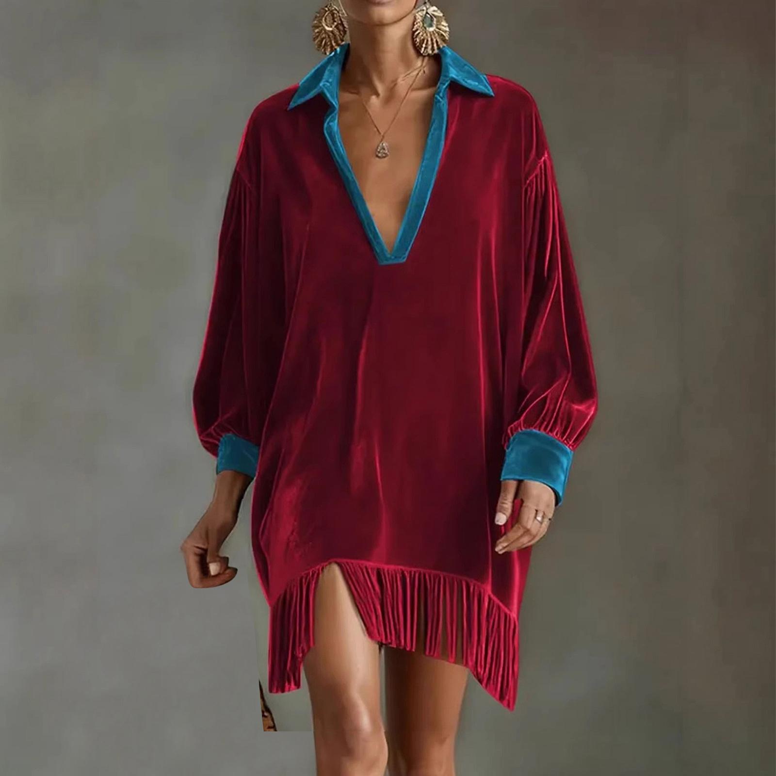 

Women s Fashionable Color Blocked V-neck Long Sleeved Retro Loose Pocket Tassel Dress XL червоний
