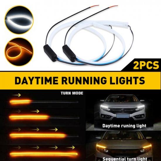 2x 60cm Flexible LED Switchback Car DRL Tube Light Strip White Amber Turn Signal