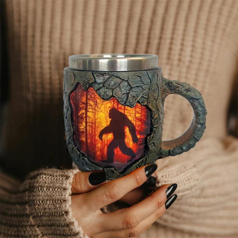 Bigfoot Forest Fire Mug 3d Retro Coffee Cup Artificial Nature Tree Art Cup Hiking Camping Enthusiast Gift Home Kitchen Accessor