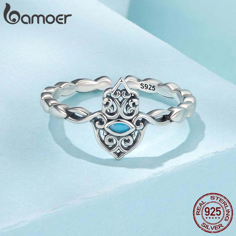 Bamoer 925 Silver Twisted Hamsa Hand Ring Retro Turquoise Adjustable Open Ring for Women Family Guarding Party Gift