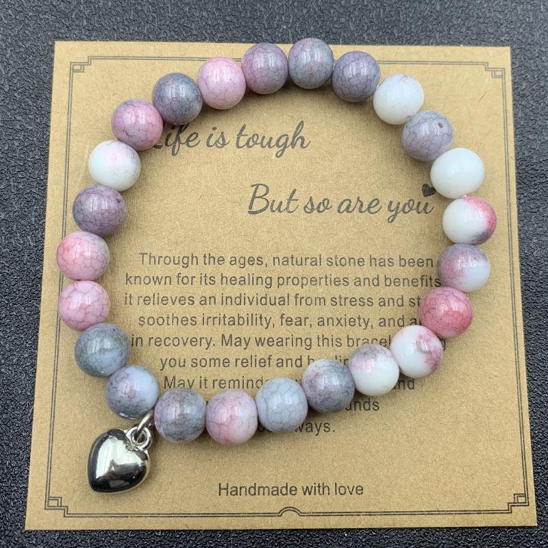 8mm Pink Zebra Stone Bead Bracelet with Gift Card: Perfect Holiday Friendship & Love Gift for Men & Women
