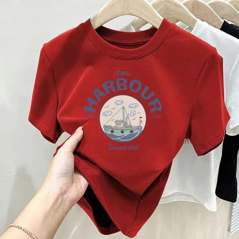Women's Grey "HARBOUR" Nautical Graphic Short Sleeve T-Shirt Casual Crew Neck Summer Tee