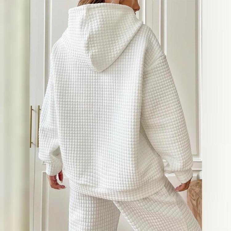 Women Long Sleeve Pullover Hoodie Solid Color Plaid Round Neck with Pocket