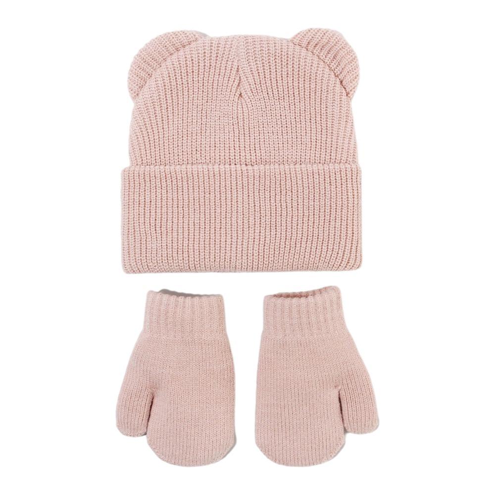 Knitted Bear Ear Earflap Hat Warm Knitted Hat Glove Set Children's Winter Hat for Boys Girls Kids