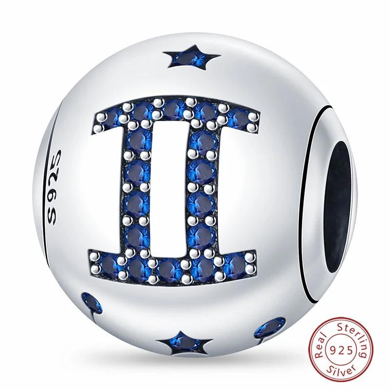 Copper Metal Blue Zircon 12 Constellation Charm Bead Components Bead Component Compatible With Authentic Original Bracelets High Quality Fine Do It