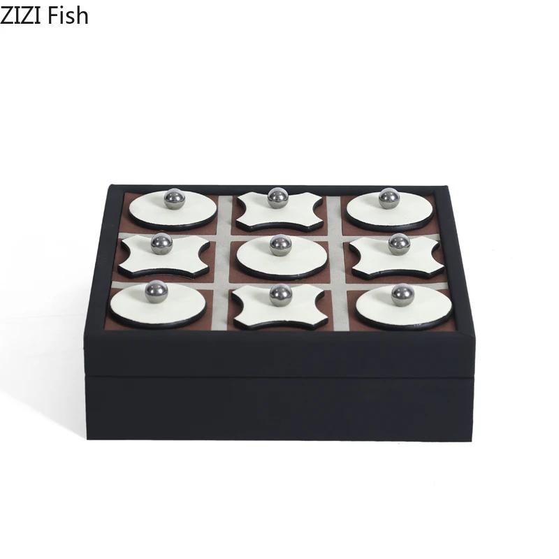 Minimalism Leather Tic-Tac-Toe Game Chessboard Geometric Artwork Ornaments Desk Decoration Chess Pieces Casual Chess Game
