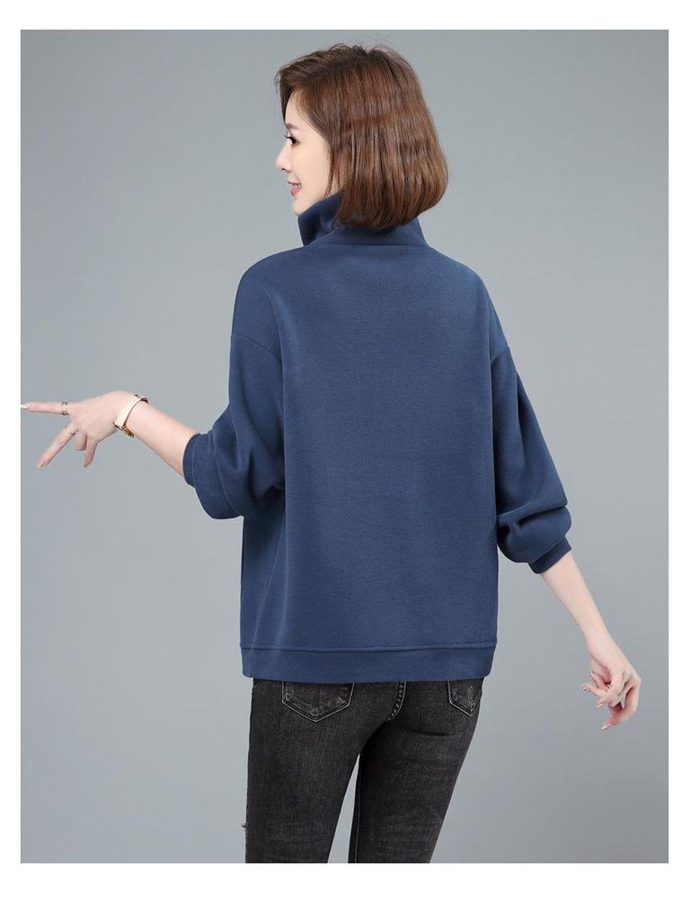 Women's Fleece-Lined Half-Zip Stand Collar Sweatshirt - 2024 Autumn/Winter Korean Style for Middle-Aged Moms