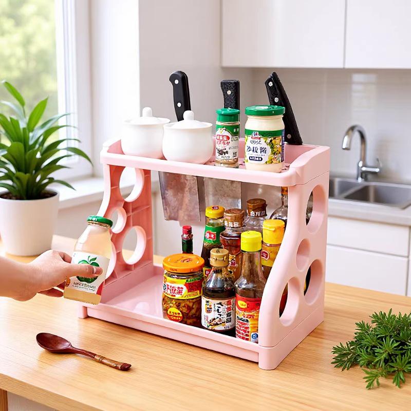 Floor-standing Two-tier Kitchen Knife & Chopsticks Storage Rack with Draining Shelf for Seasoning