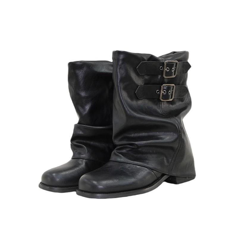 Pleated Pile Boots Women's 2025 New Black Maillard Medium Boots Women's Leather Western Boots Locomotive Martin Boots