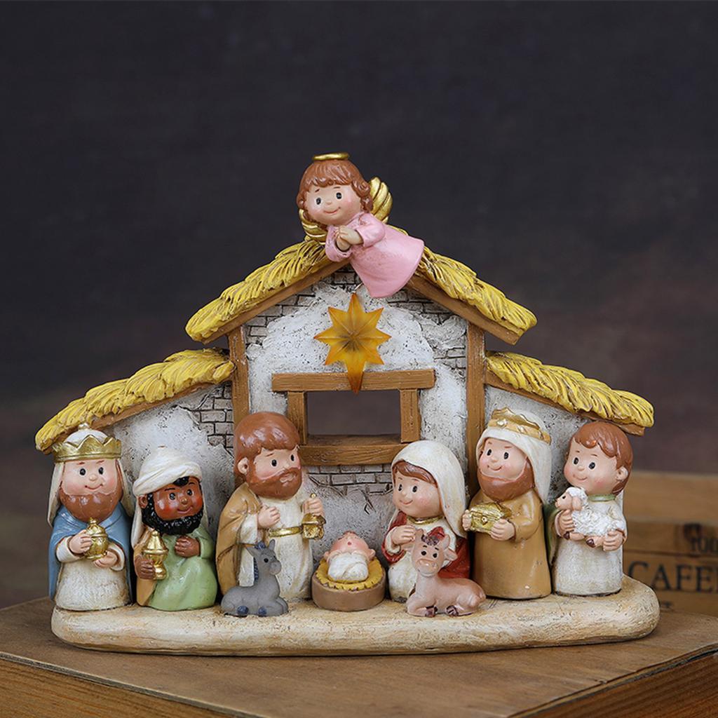Miniature Nativity Playsets for Christmas Resin Figures Nativity Scene with LED Light Indoor Christian Faith Display