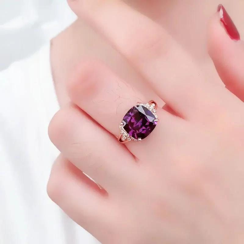 Original Design High Quality Glossy Light Luxury Purple Gems Ring Rose Gold Square Amethyst Rings for Women Wedding Zircon