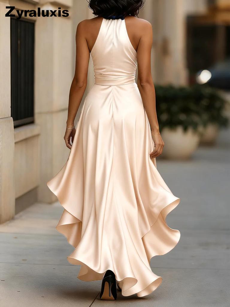 Neues Satin-V-Ausschnitt-Ärmelloses Kleid mit Taillensitz und Blumenmuster, Rüschen, für Damen