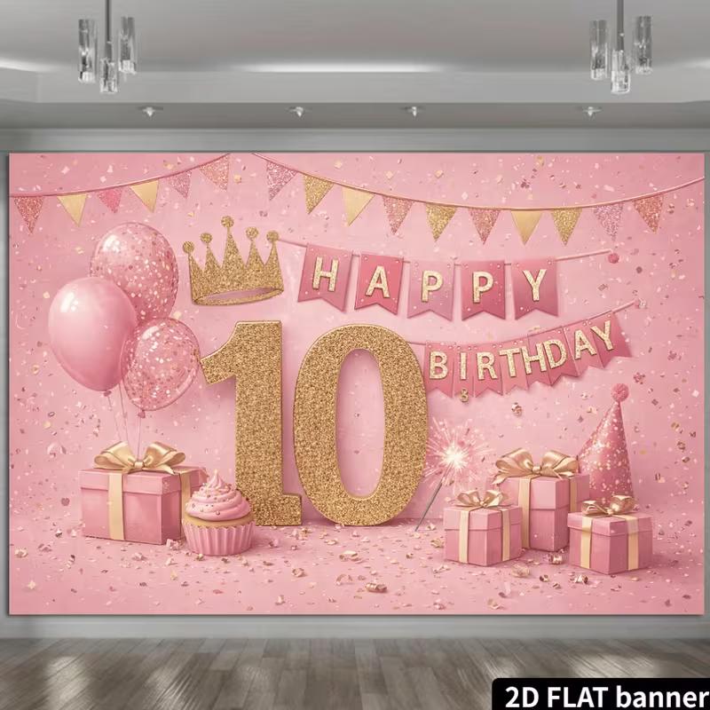 2D Pink Gold 10th Birthday Backdrop Photography Background