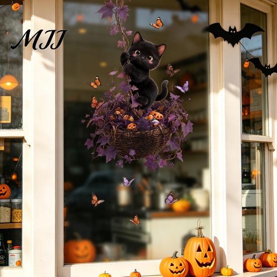 Spooky Glass Stickers Halloween Window Static Sticker, Ghost Castle Black Cat Print Decals, Creative Gift for Friends Waterproof PVC Cling