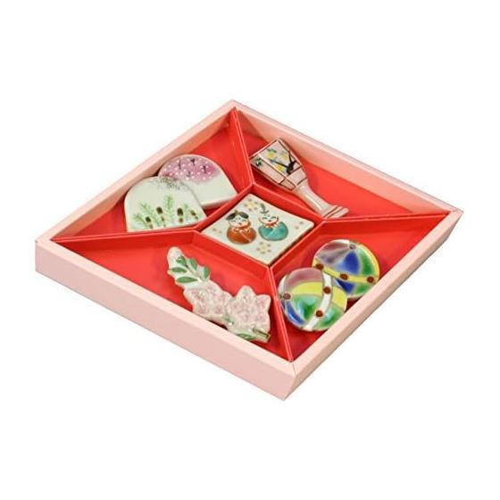 Kyo-yaki Kiyomizu-yaki Chopstick Rests, Kyoto Hinamatsuri Collection, Set of 5: Temari, Mamebina, Peach Blossom, Hinabina, Porcelain, Japan